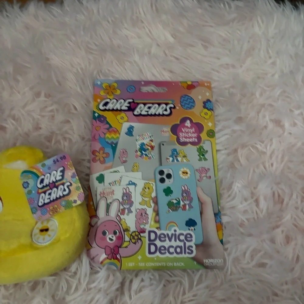 Care Bears Yellow Pencil Case with Device Decals NEW Sunshine Fuzzy